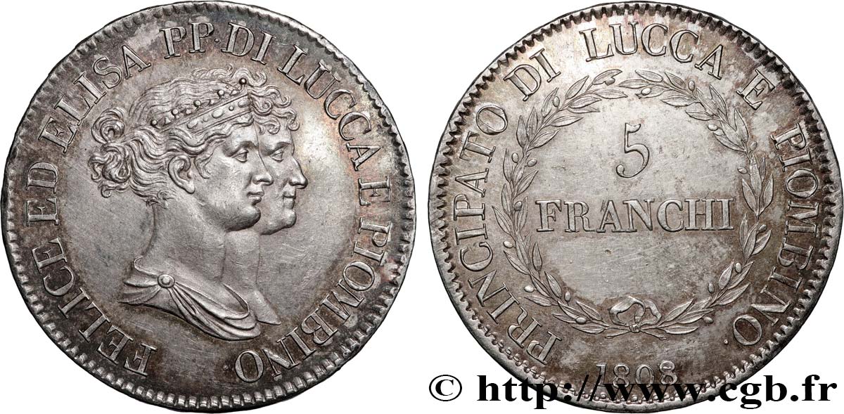 ITALY - PRINCIPALTY OF LUCCA AND PIOMBINO - FELIX BACCIOCHI AND ELISA BONAPARTE 5 franchi, grands bustes 1808 Florence MS 