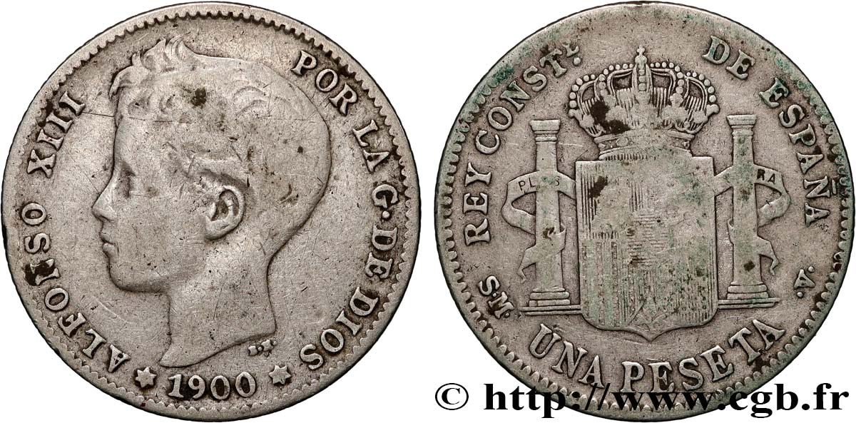 ESPAGNE 1 Peseta Alphonse XIII 3e type 1900 Madrid TB