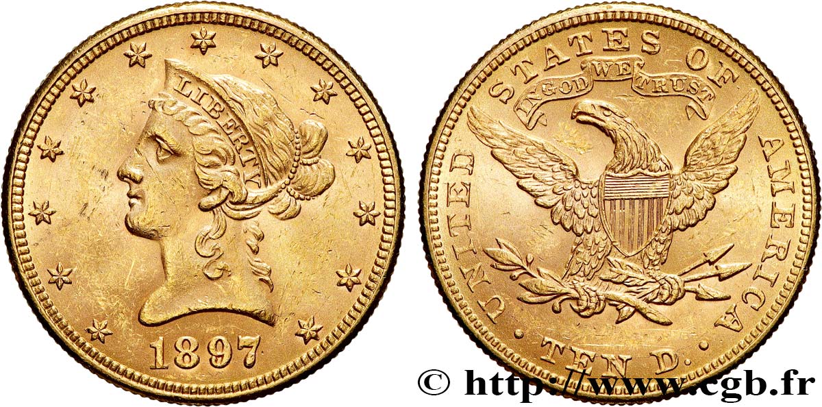 OR, PALLADIUM ET PLATINE INVESTISSEMENT 10 Dollars or Liberty 1897 Philadelphie TTB