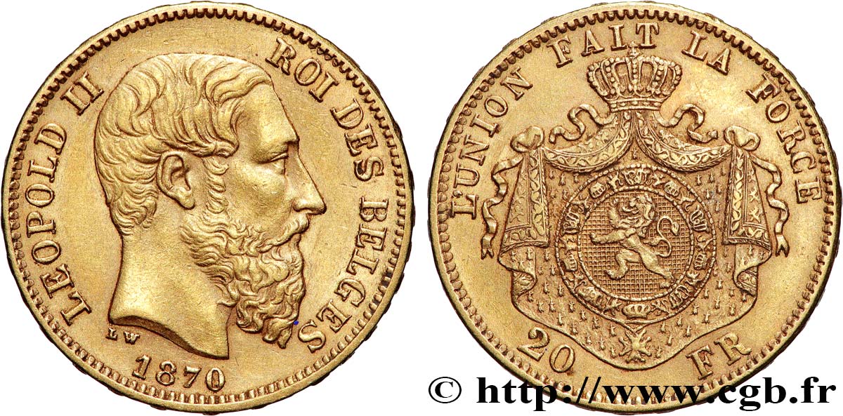 OR, PALLADIUM ET PLATINE INVESTISSEMENT 20 Francs Léopold II 1870 Bruxelles TTB