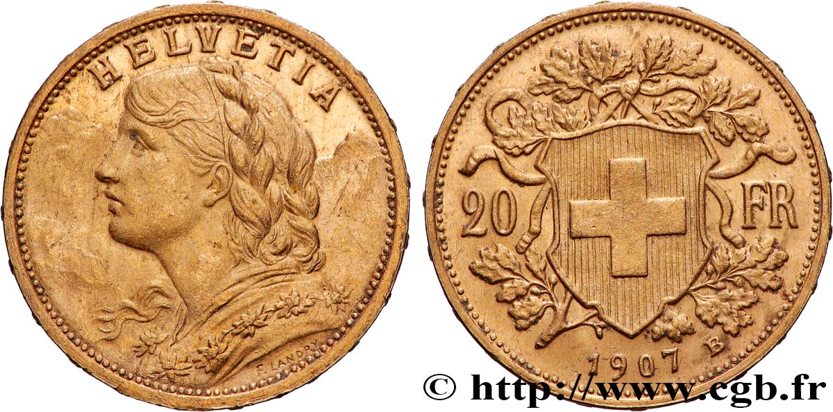 OR, PALLADIUM ET PLATINE INVESTISSEMENT 20 Francs Vreneli 1907 Berne TTB+