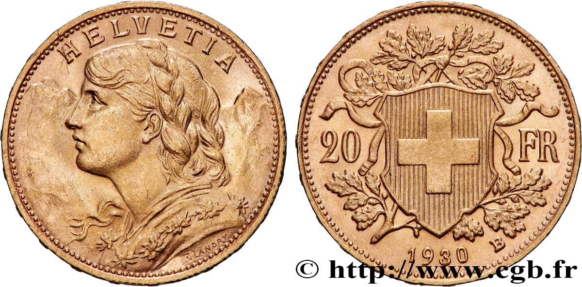 OR, PALLADIUM ET PLATINE INVESTISSEMENT 20 Francs Vreneli 1930 Berne TTB+