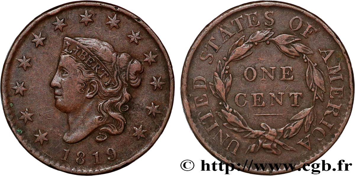 ÉTATS-UNIS D AMÉRIQUE 1 Cent “Matron Head” variété à petite date 1819 Philadelphie TTB 