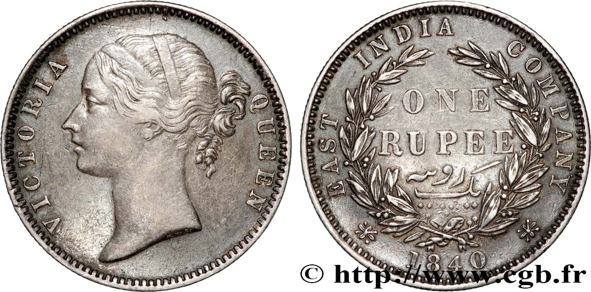 INDES BRITANNIQUES 1 Rupee (Roupie) East India Company Victoria 1840 Bombay ou Calcutta TTB 