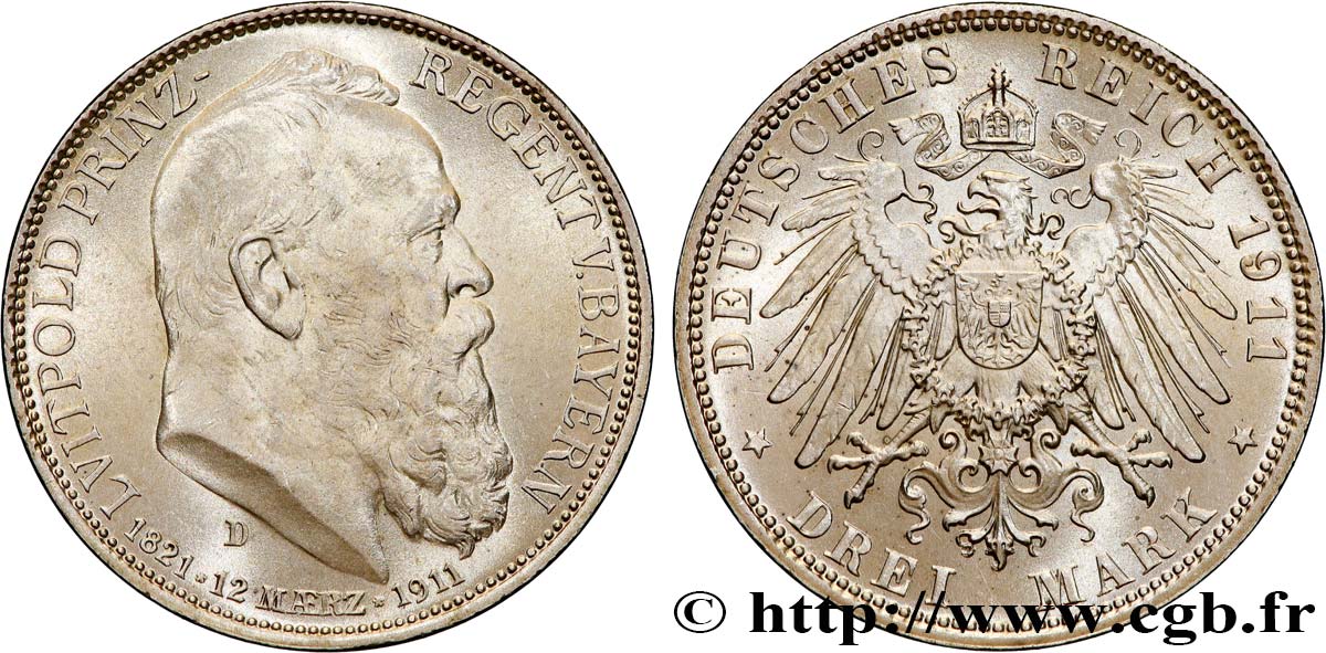 GERMANY - BAVARIA 3 Mark Léopold  1911 Munich  MS 