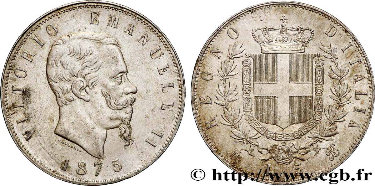 ITALY - KINGDOM OF ITALY - VICTOR-EMMANUEL II 5 Lire  1875 Milan AU 