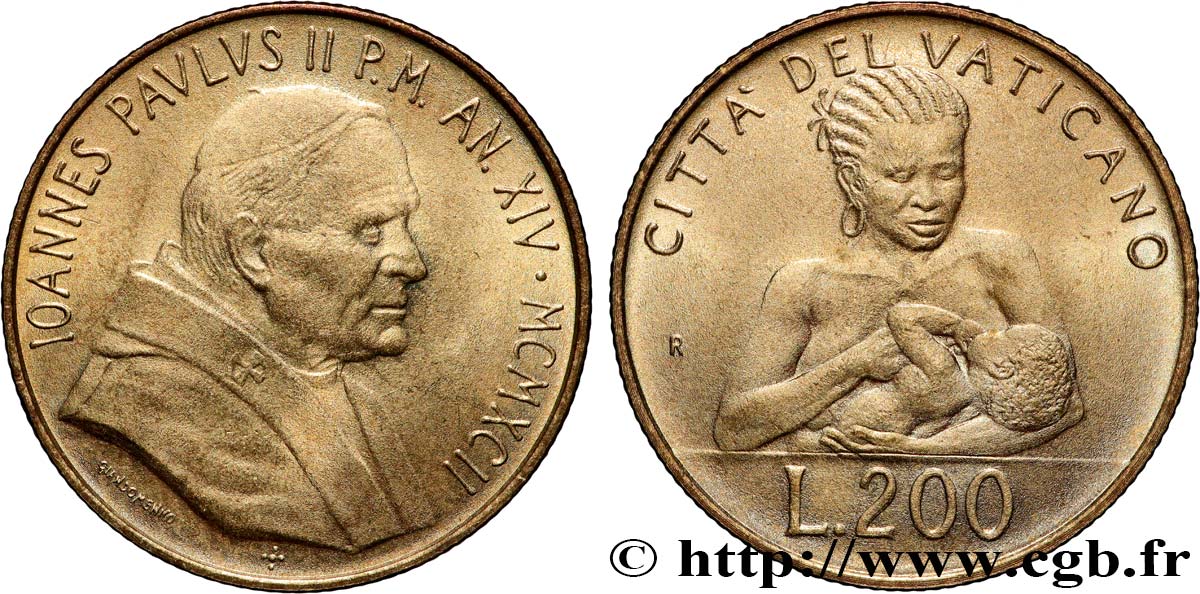 VATICAN AND PAPAL STATES 200 Lire Jean Paul II an XIV 1992 Rome AU