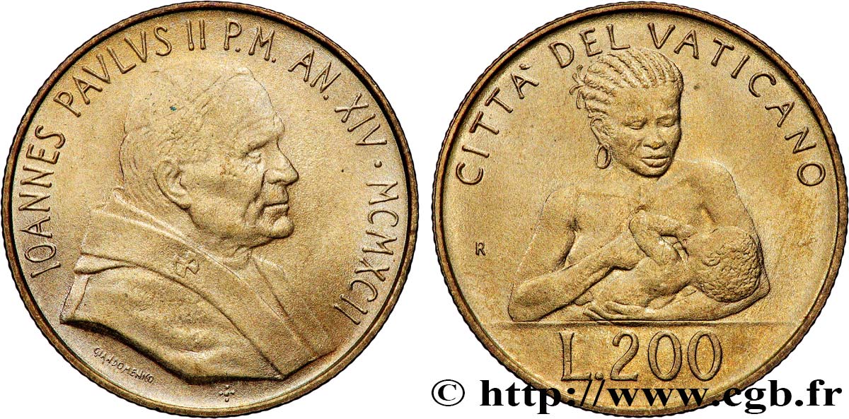 VATICANO Y ESTADOS PONTIFICIOS 200 Lire Jean Paul II an XIV 1992 Rome EBC