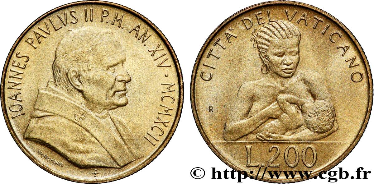 VATICAN AND PAPAL STATES 200 Lire Jean Paul II an XIV 1992 Rome AU