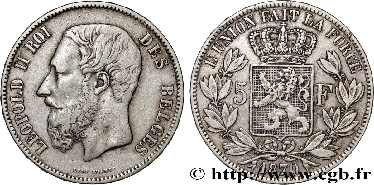 BELGIQUE 5 Francs Léopold II 1870 TTB
