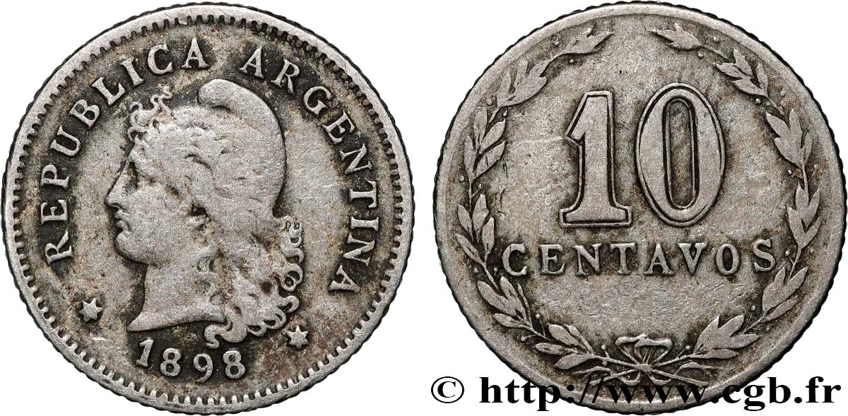 ARGENTINIEN 10 Centavos Liberté au bonnet 1898 fSS
