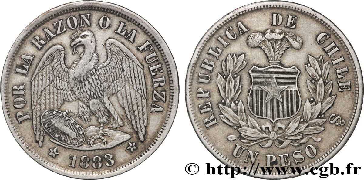 CHILE 1 Peso Condor 1883 Santiago AU 