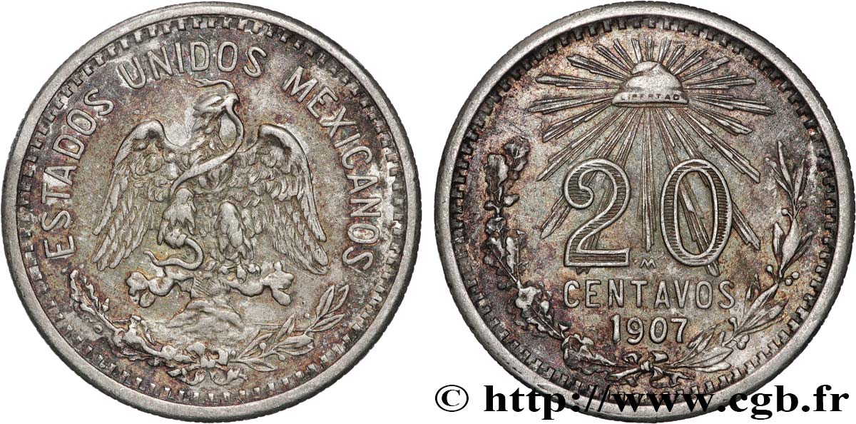 MEXICO 20 Centavos 1907 Nouvelles Orléans AU 