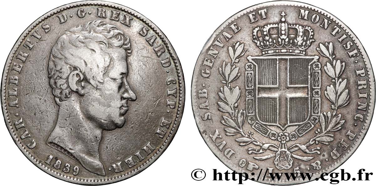 ITALY - KINGDOM OF SARDINIA 5 Lire Charles Albert 1839 Turin VF 
