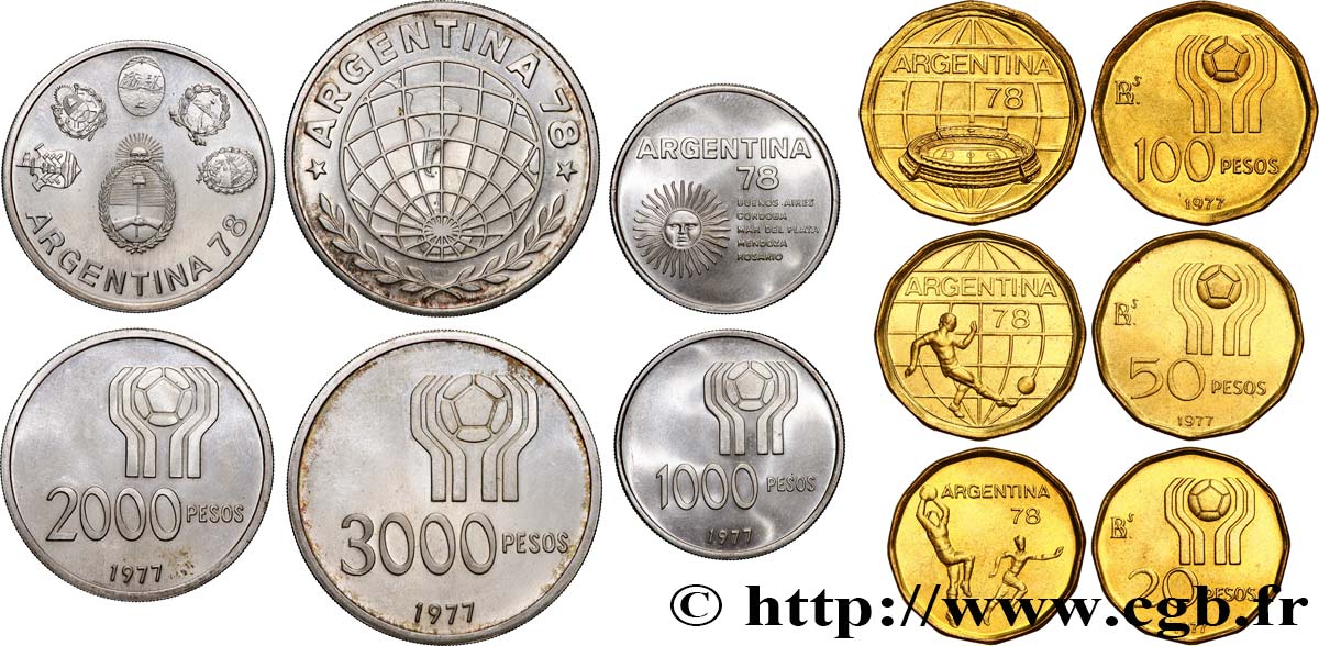 ARGENTINA Lot 20, 50, 100, 1000, 2000 et 3000 Pesos Coupe du monde de football 1977  MS 