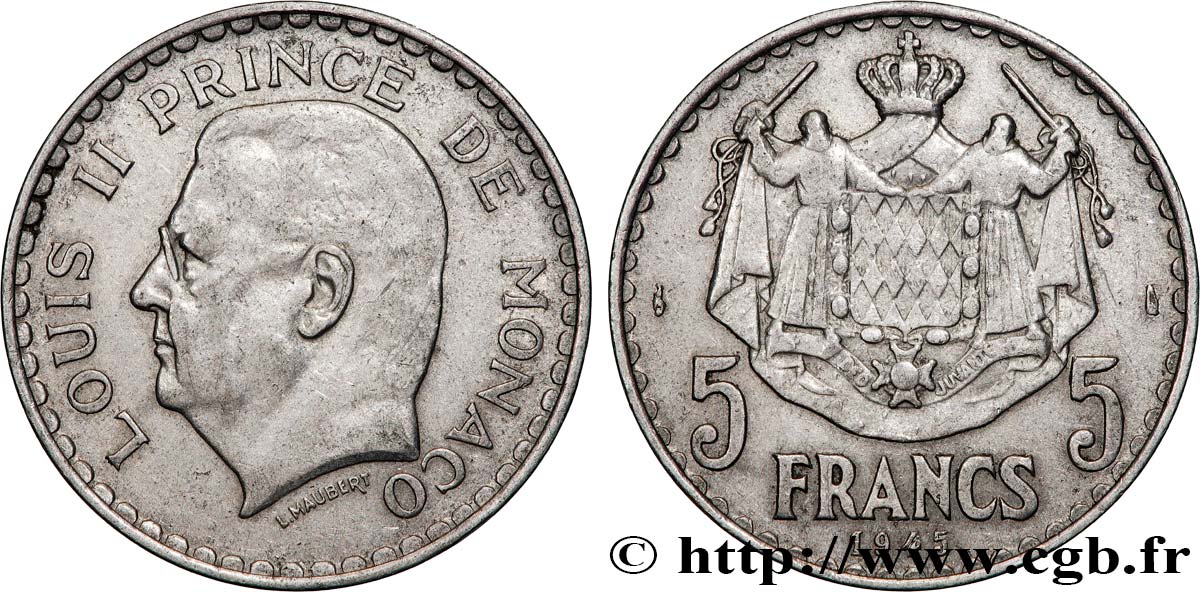 MONACO 5 Francs Louis II 1945 Paris MBC+ 