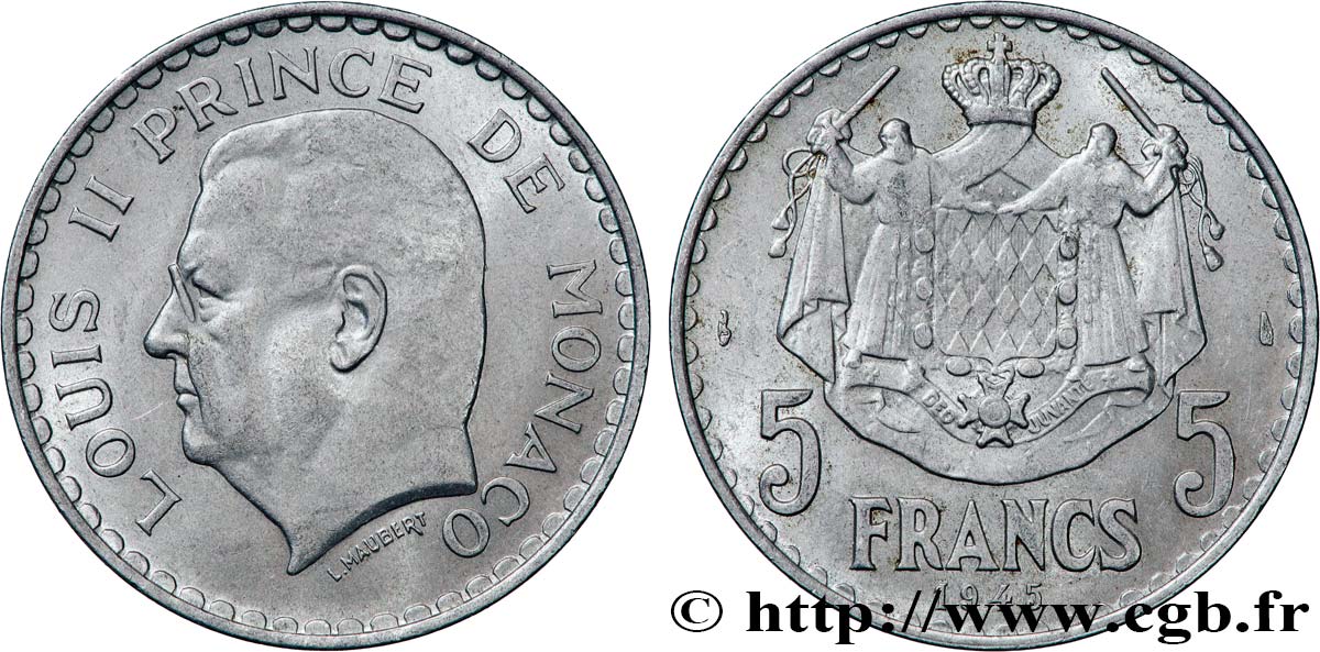 MONACO 5 Francs Louis II 1945 Paris SUP
