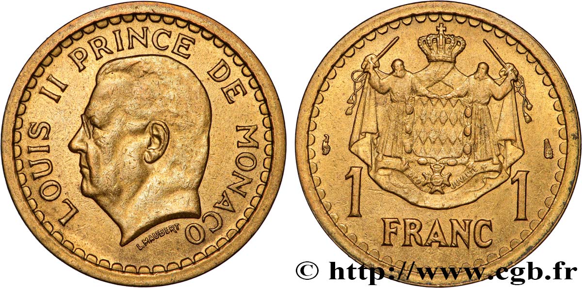 MONACO 1 Franc Louis II / armes (1943) Paris q.SPL