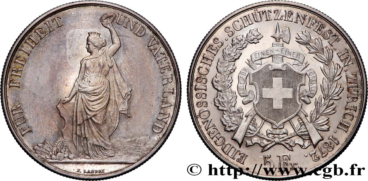 SWITZERLAND - HELVETIC CONFEDERATION 5 Franken, concours de tir de Zurich 1872  MBC+/EBC 