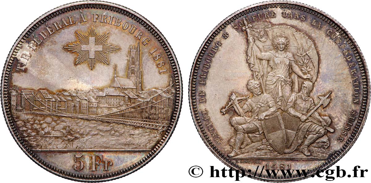 SUISSE 5 Francs, monnaie de Tir, Fribourg 1881  SUP 