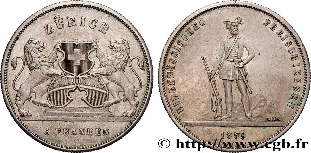 SVIZZERA - CANTON ZURIGO 5 Franken Tir de Zurich 1859  q.SPL 