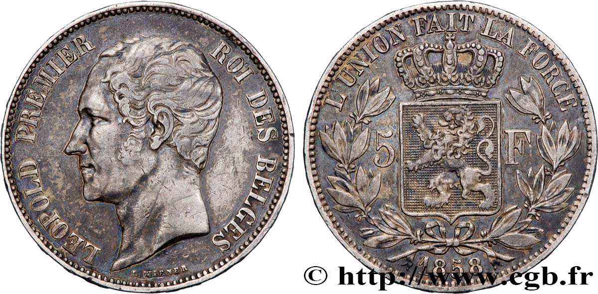BELGIUM - KINGDOM OF BELGIUM - LEOPOLD I 5 Francs tête nue 1858  XF 