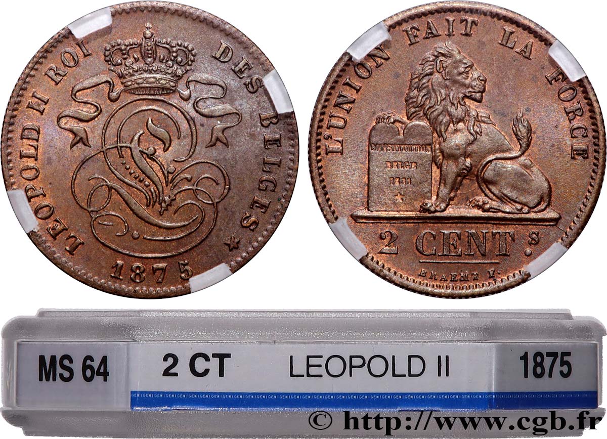 BELGIUM - KINGDOM OF BELGIUM - LEOPOLD II 2 Centimes  1875  MS64 GENI