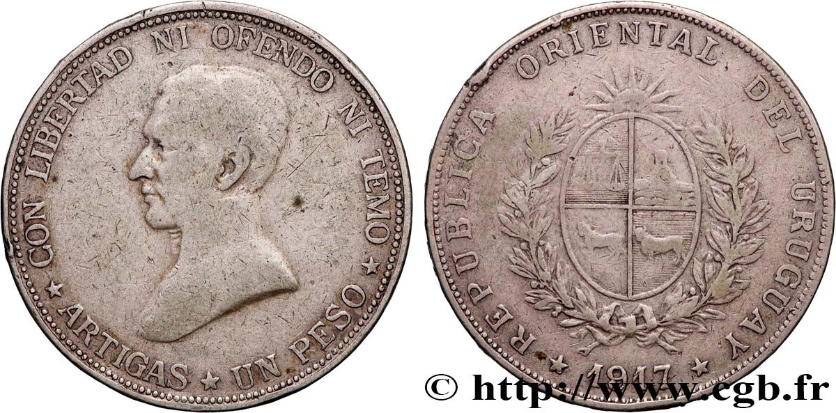 URUGUAY 1 Peso Gaucho Jose Gervasio Artigas 1917  BC+ 