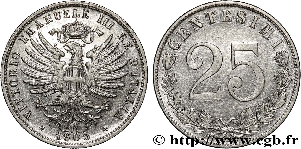 ITALIE - ROYAUME D ITALIE - VICTOR-EMMANUEL III 25 Centesimi 1903 Rome TTB