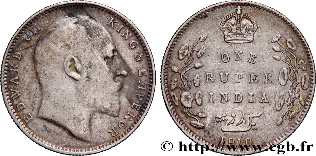 INDES BRITANNIQUES 1 Rupee (Roupie) Edouard VII couronné 1910 Calcutta TB+ 