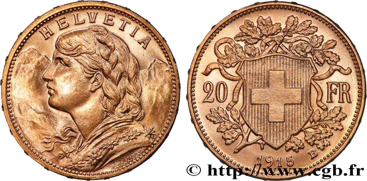 OR, PALLADIUM ET PLATINE INVESTISSEMENT 20 Francs Vreneli 1915 Berne SUP+