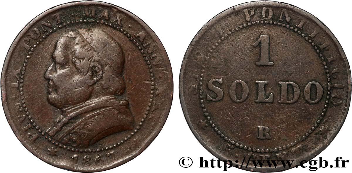 VATICAN ET ÉTATS PONTIFICAUX 1 Soldo an XXI buste large 1867 Rome TB