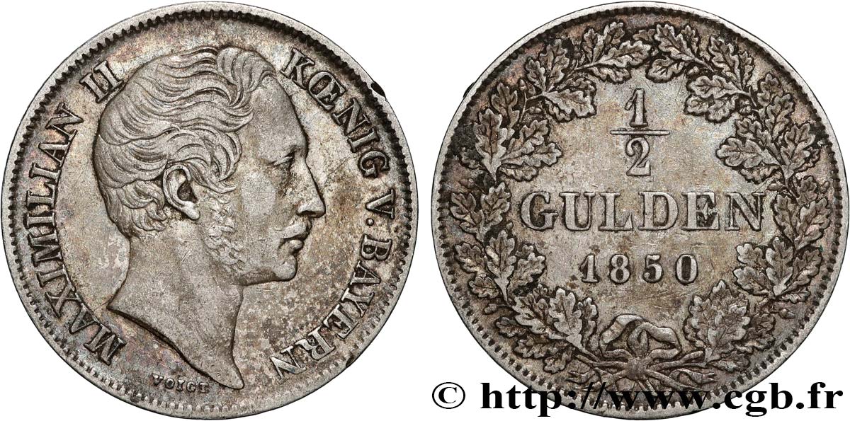ALLEMAGNE - BAVIÈRE 1/2 Gulden Maximilien II 1850 Munich TTB 