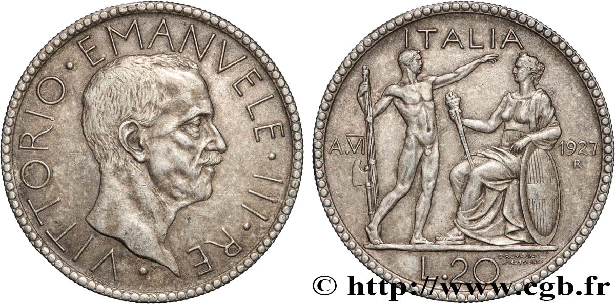 ITALIEN - ITALIEN KÖNIGREICH - VIKTOR EMANUEL III. 20 Lire 1927 Rome  fVZ 