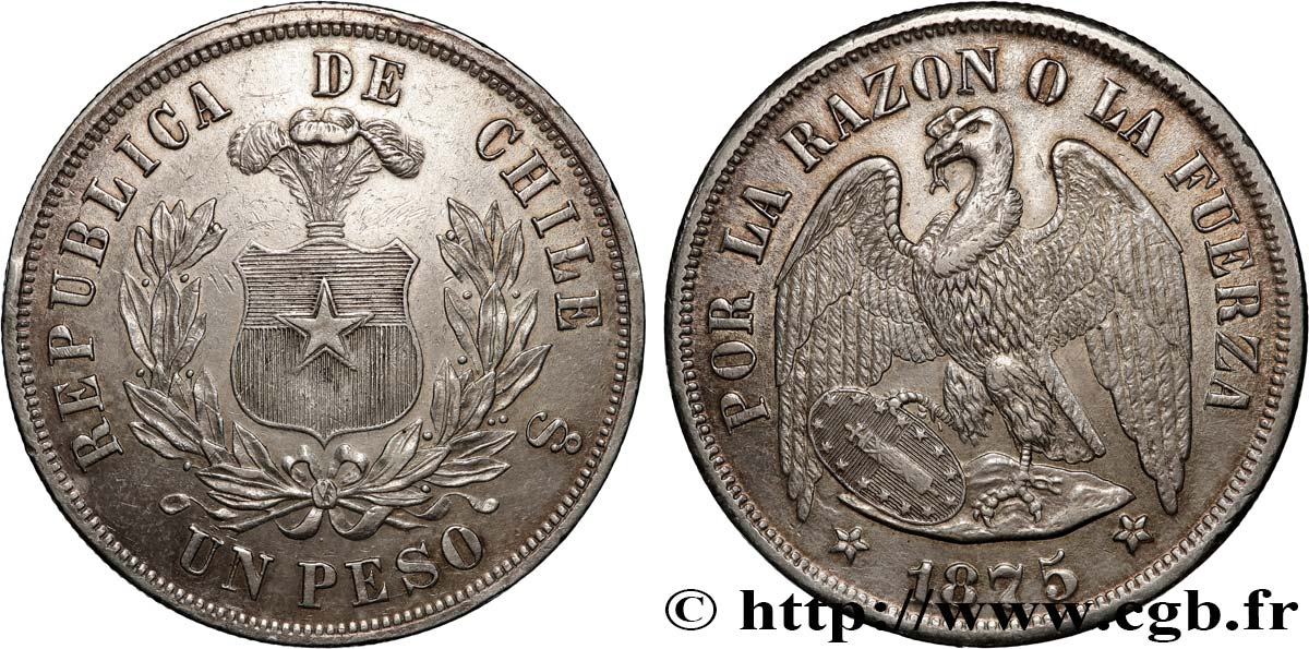 CHILE 1 Peso condor 1875 Santiago AU 
