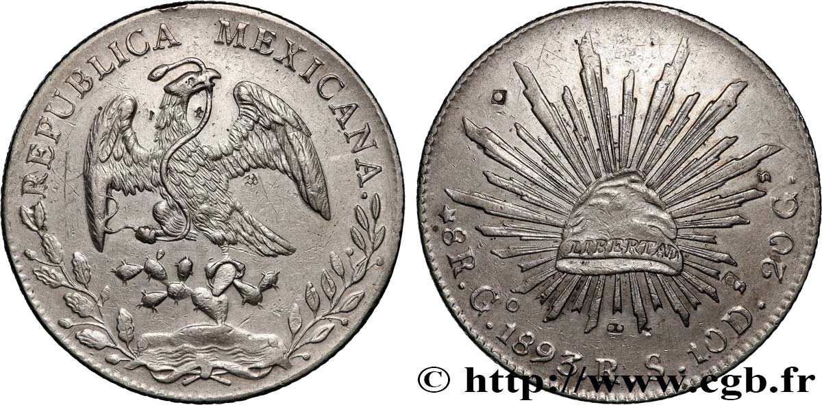 MEXICO 8 Reales Aigle / bonnet phrygien sur soleil 1893 Guanajuato - G° AU 