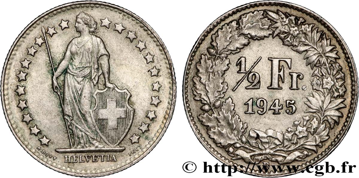 SWITZERLAND 1/2 Franc Helvetia 1945 Berne AU 