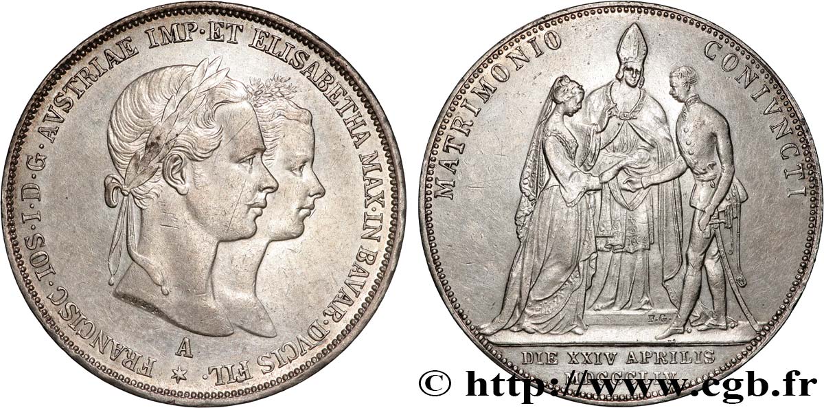 AUSTRIA 2 Gulden (Florin) mariage de François-Joseph et Élisabeth 1854 Vienne MBC+ 