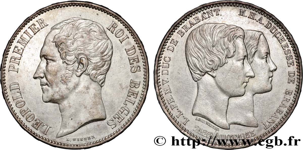 BELGIQUE 5 Francs mariage du Duc et de la Duchesse de Brabant 1853  TTB+ 