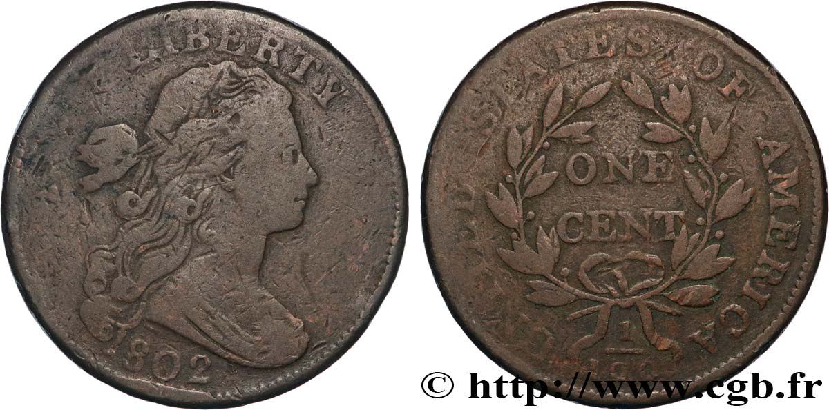 UNITED STATES OF AMERICA 1 Cent “Draped Bust” 1802 Philadelphie VF 