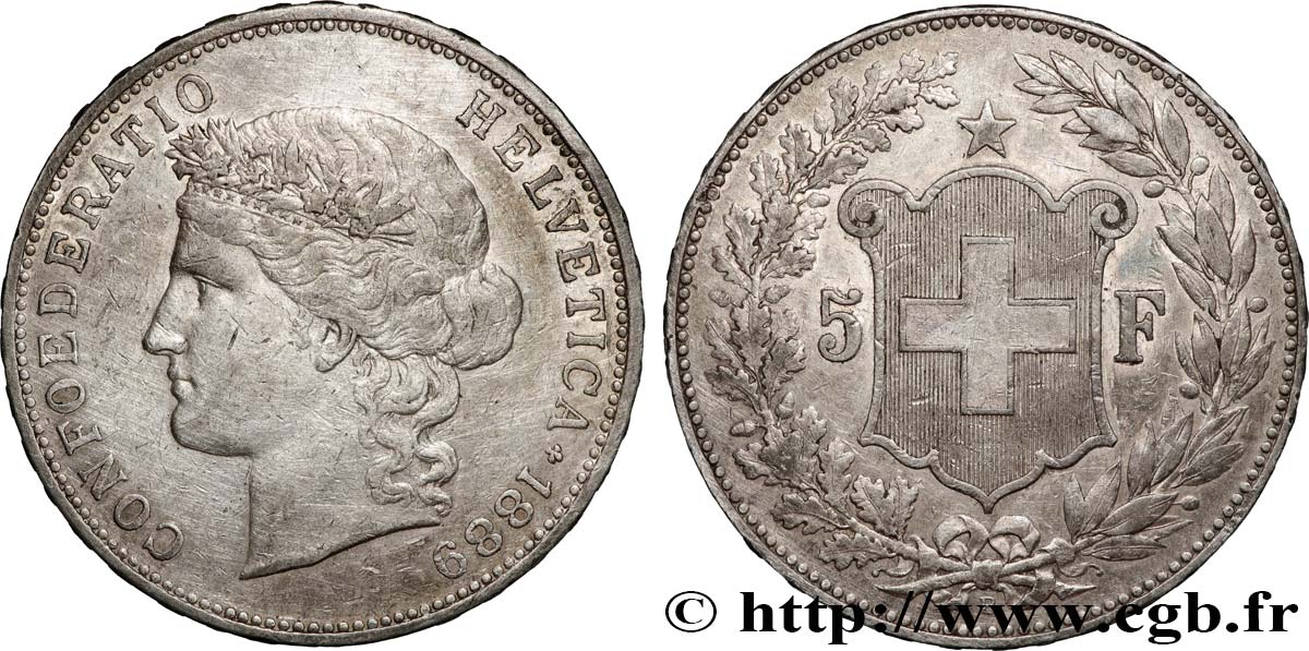 SUISSE 5 Francs Helvetia 1889 Berne TTB 