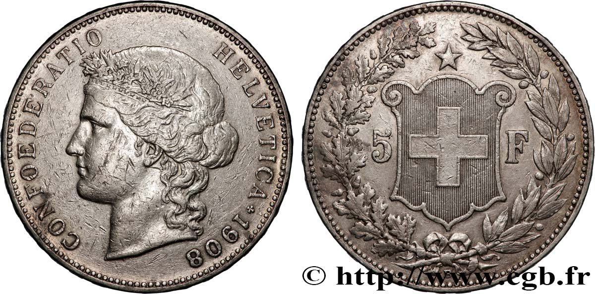 SUISSE 5 Francs Helvetia 1908 Berne TB+ 