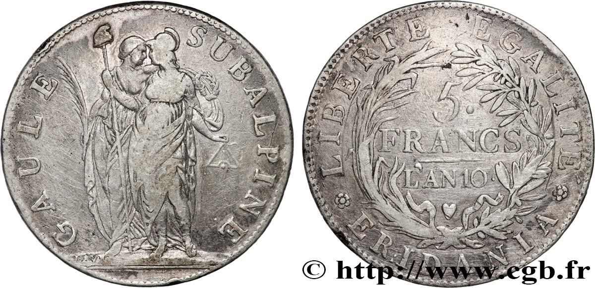 ITALIA - GALIA SUBALPINA 5 Francs an 10 1802 Turin BB 