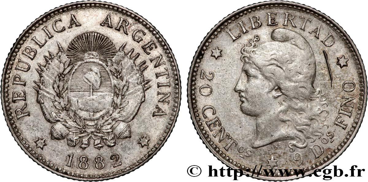 ARGENTINA 20 Centavos 1882  XF 