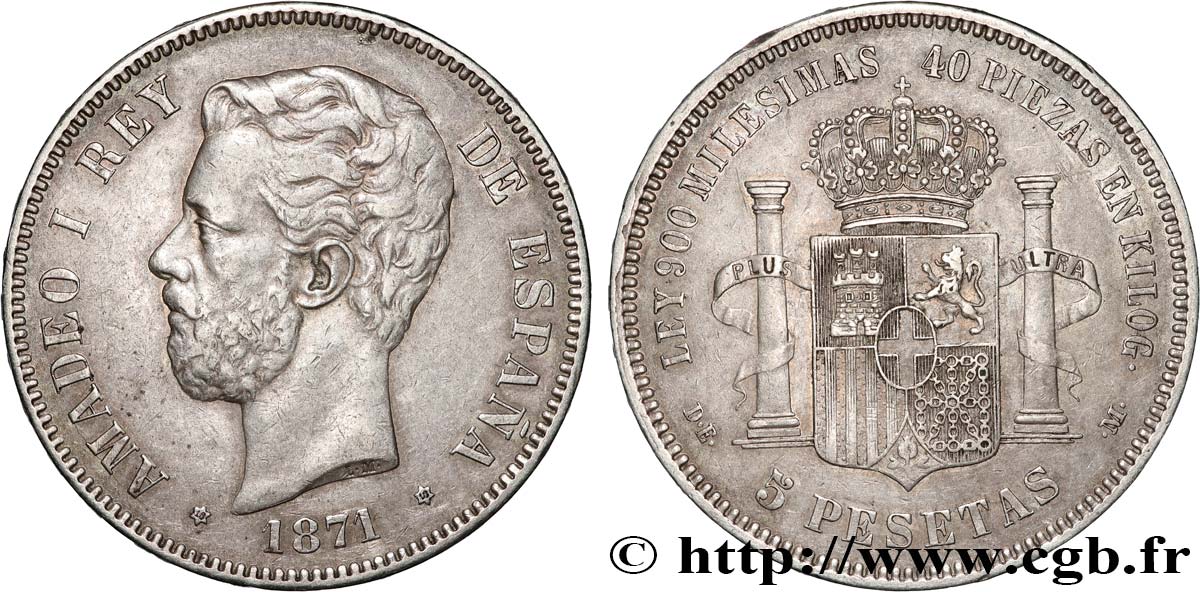 SPAIN - KINGDOM OF SPAIN - AMEDEE I 5 Pesetas (1818) 1871 Madrid XF 