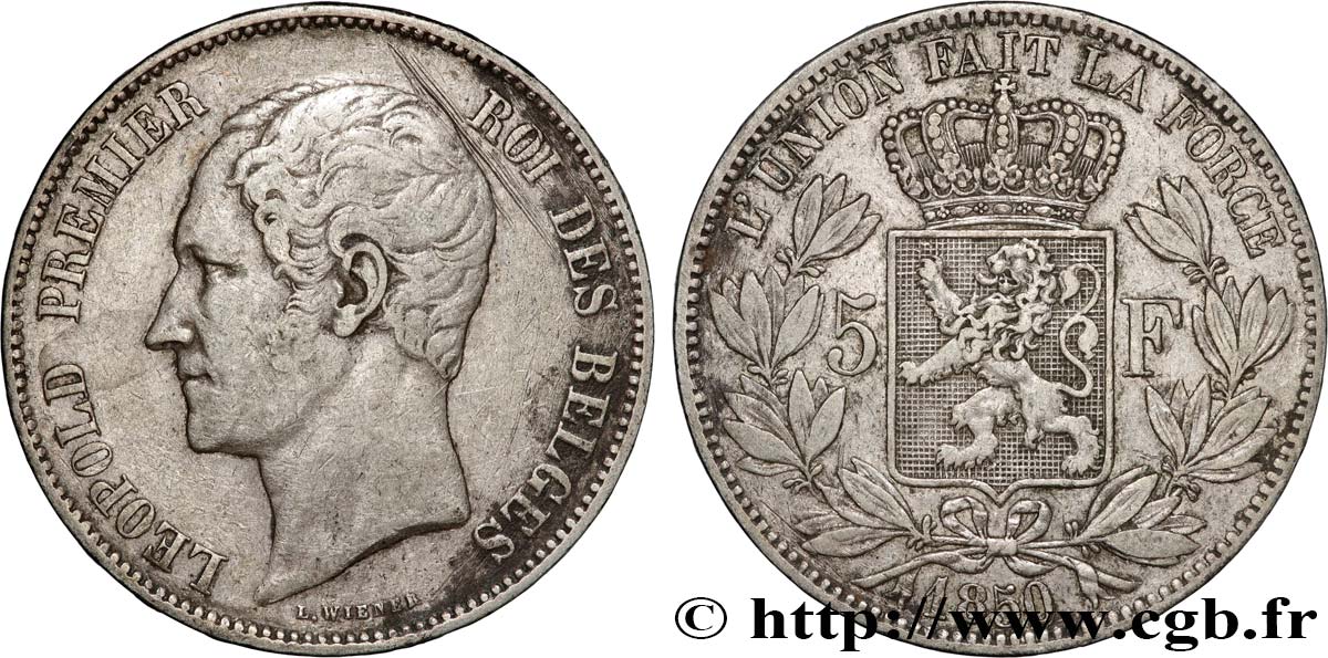 BELGIUM - KINGDOM OF BELGIUM - LEOPOLD I 5 Francs  1850  XF 