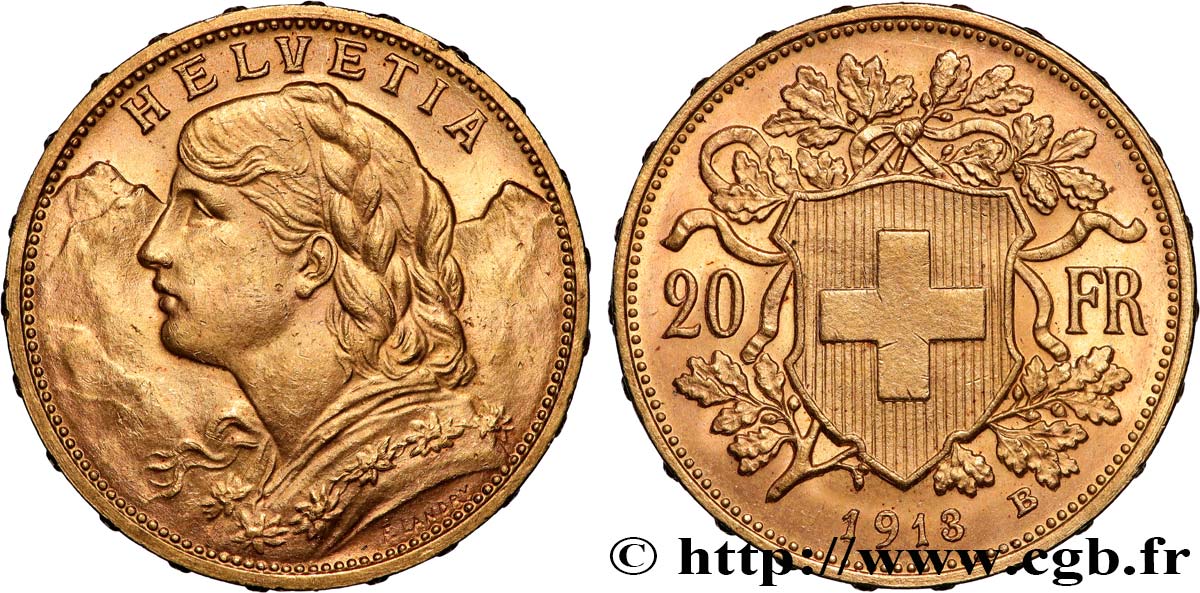 GOLD, PALLADIUM & PLATINUM INVESTMENT 20 Francs Vreneli 1913 Berne AU