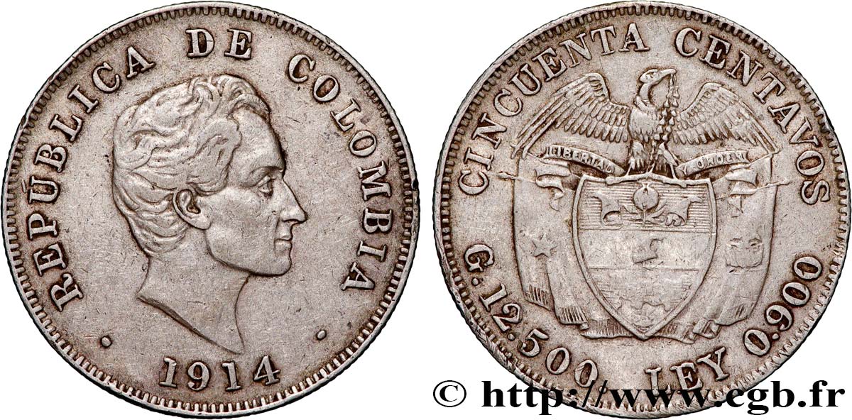COLOMBIA 50 Centavos emblème Simon Bolivar 1914 Birmingham BB 