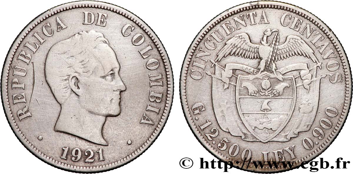 COLOMBIA 50 Centavos 1921 Philadelphie BC+ 