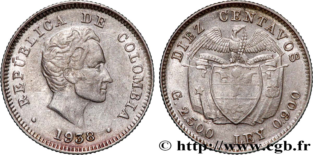 COLOMBIA 10 Centavos Simon Bolivar 1938  XF 